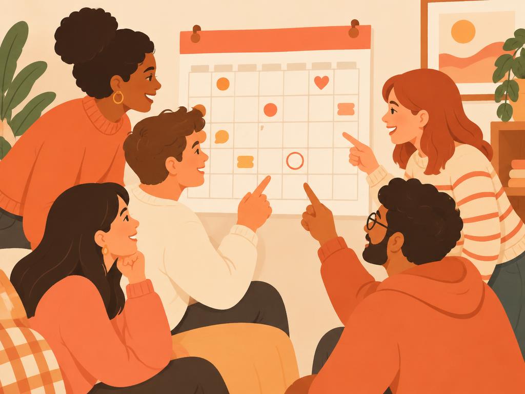 Friends gathered around a calendar picking a date